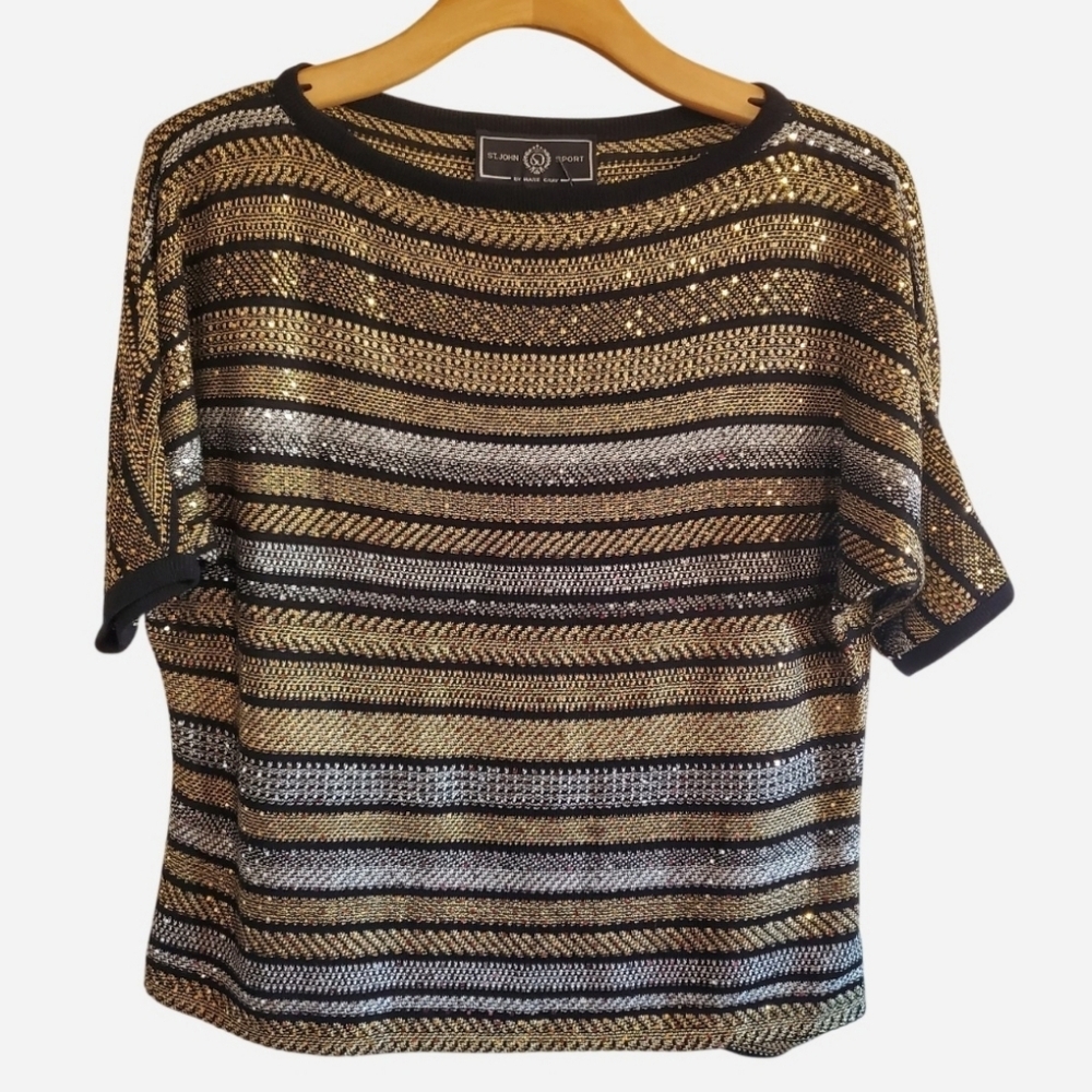ST.JOHN Sport Black Gold Silver Metallic Embellished Dolman Top Size M Old Money
